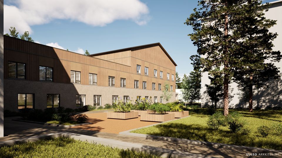 Havainnekuva uudesta, rakenteilla olevasta Attendo-koti Mattilanpellosta vehreällä pihalla, taustalla sininen taivas.