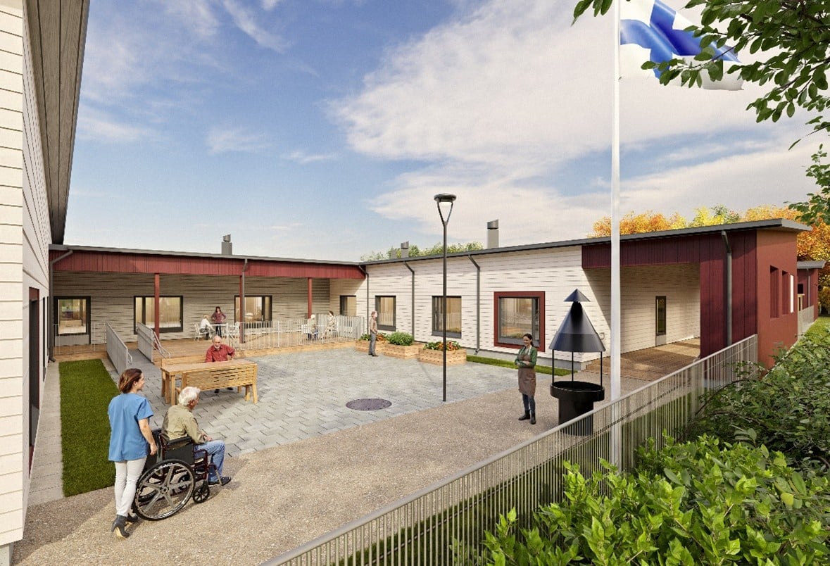 Havainnekuva Kuopioon rakentuvasta hoivakodista, 1-kerroksinen vaalea rakennus