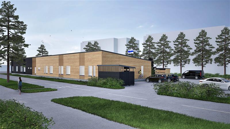 Havainnekuva uudesta Turun hoivakodista. 1-kerroksinen puuverhoiltu rakennus, jossa on pulpettikatto