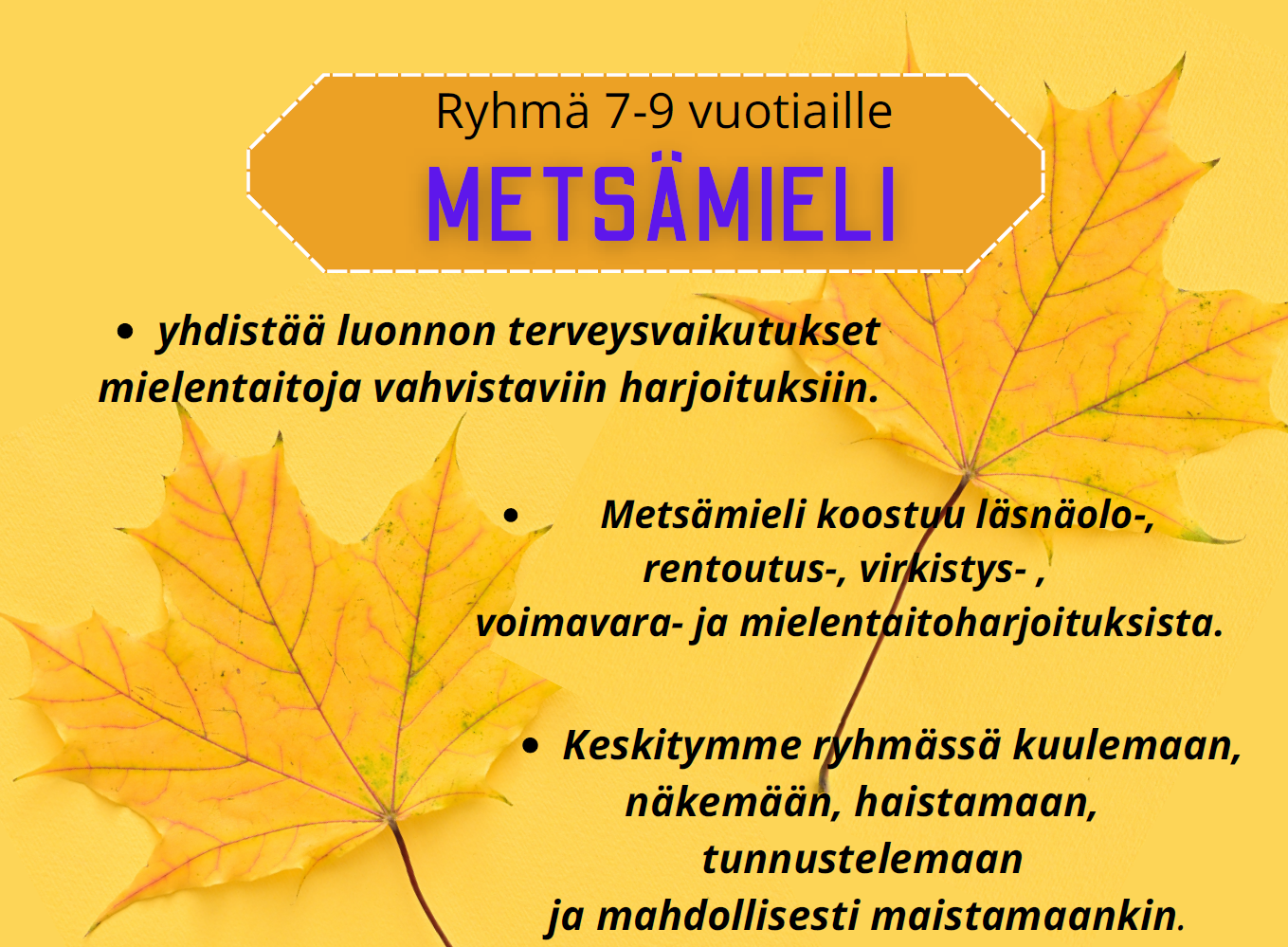 Keltainen tausta, vaahteranlehdet ja teksti "Ryhmä 7-9 vuotiaille, Metsämieli: yhdistää luonnon terveysvaikutukset mielentaitoja vahvistaviin harjoituksiin. Keskittyy läsnäolo-, rentoutus-, virkistys-, voimavara- ja mielentaitoharjoituksiin
